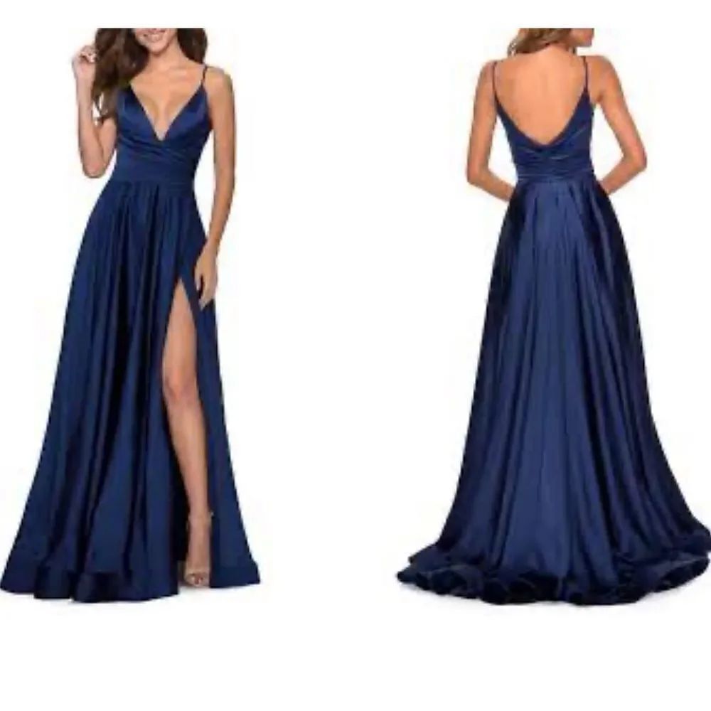 LA FEMME #6024981 Ruched Satin Navy Blue Gown NWT $408